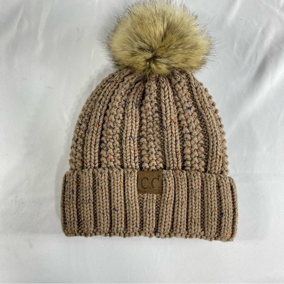 C.C. Thick Cable Knit Faux Fuzzy Pom Fleece Lined Beanie - Picture 2 of 7